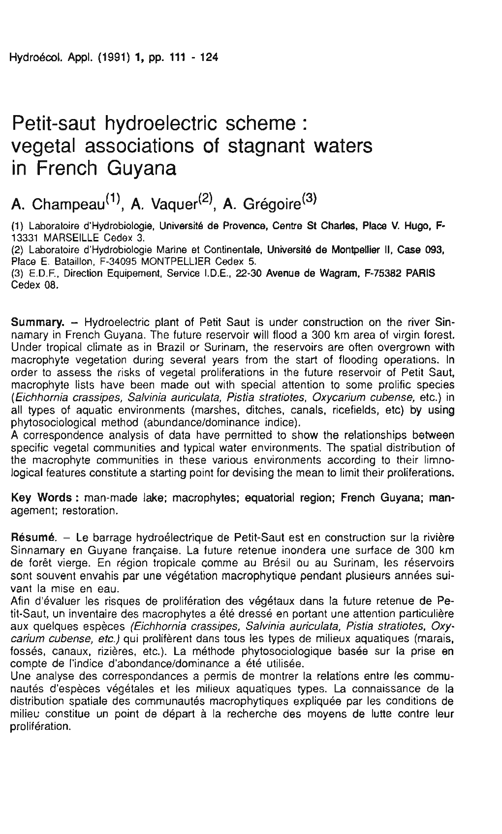 Vegetal Associations of Stagnant Waters in French Guyana