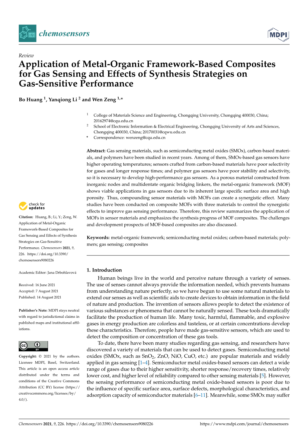 Application of Metal-Organic Framework-Based Composites for Gas Sensing and Effects of Synthesis Strategies on Gas-Sensitive Performance