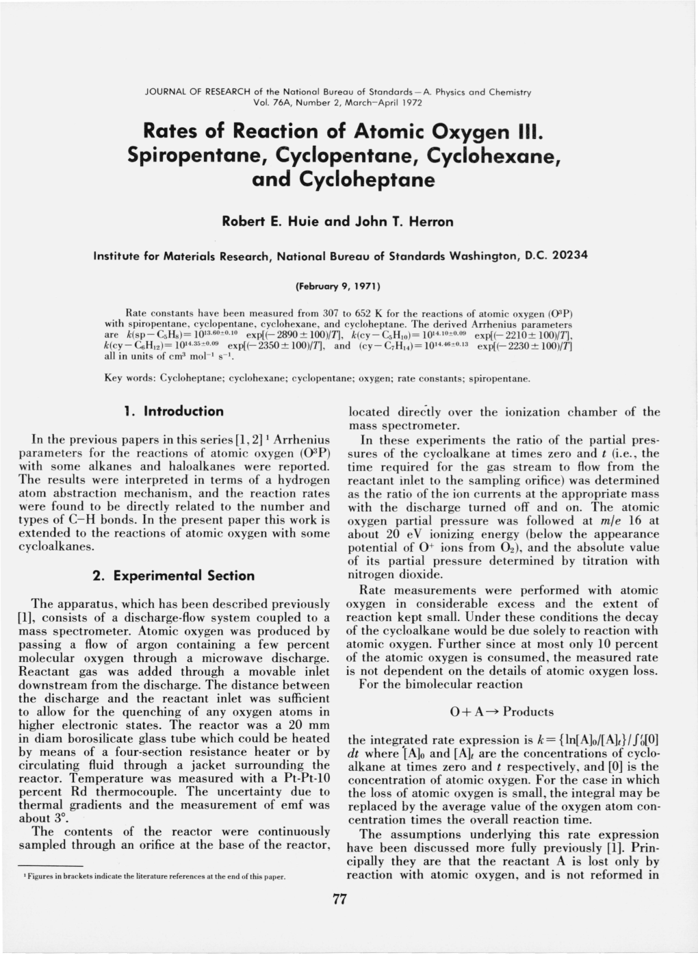 Rates of Reaction of Atomic Oxygen. III. Spiropentane, Cyclopentane