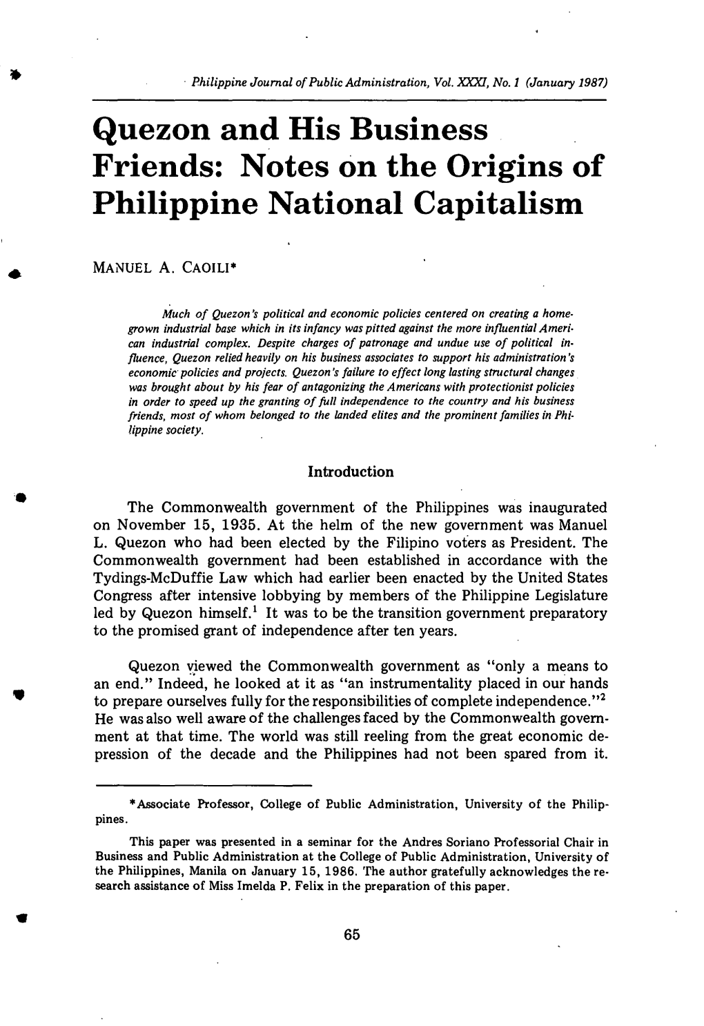 Quezon and His Business Friends: Notes on the Origins of Philippine National Capitalism