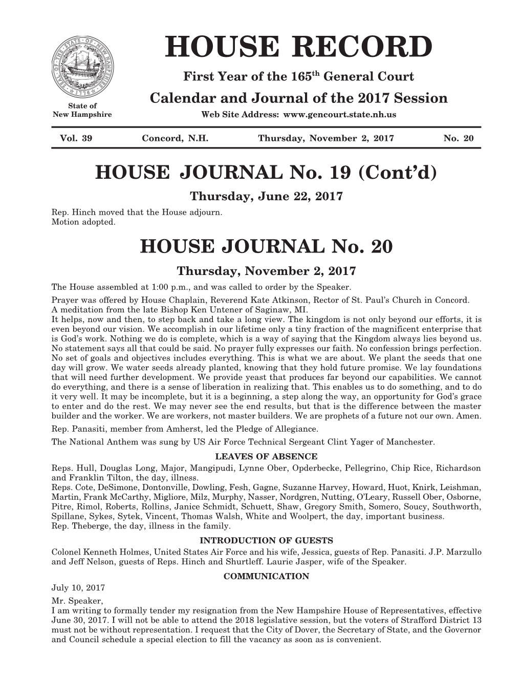HOUSE JOURNAL No. 19 (Cont’D) Thursday, June 22, 2017 Rep