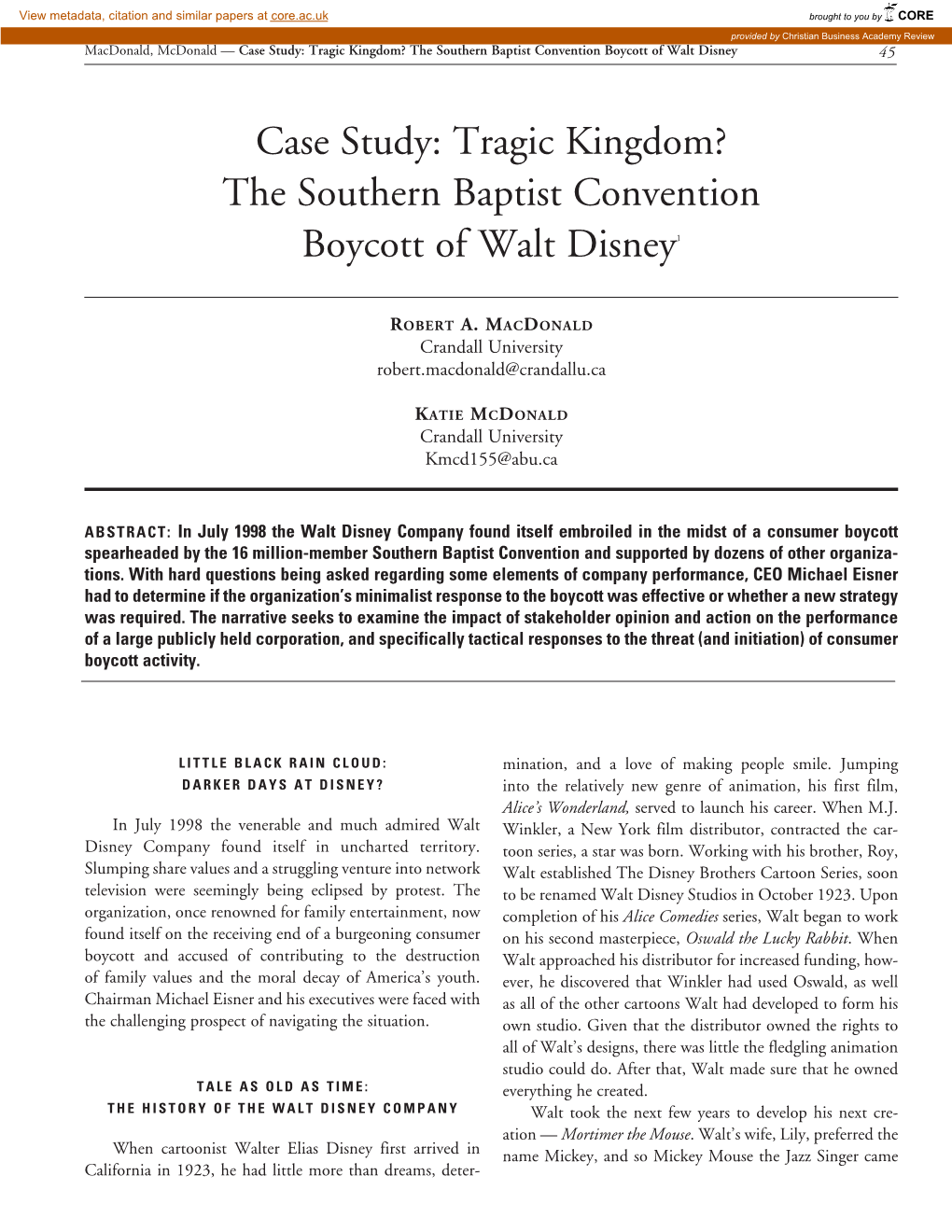 The Southern Baptist Convention Boycott of Walt Disney1