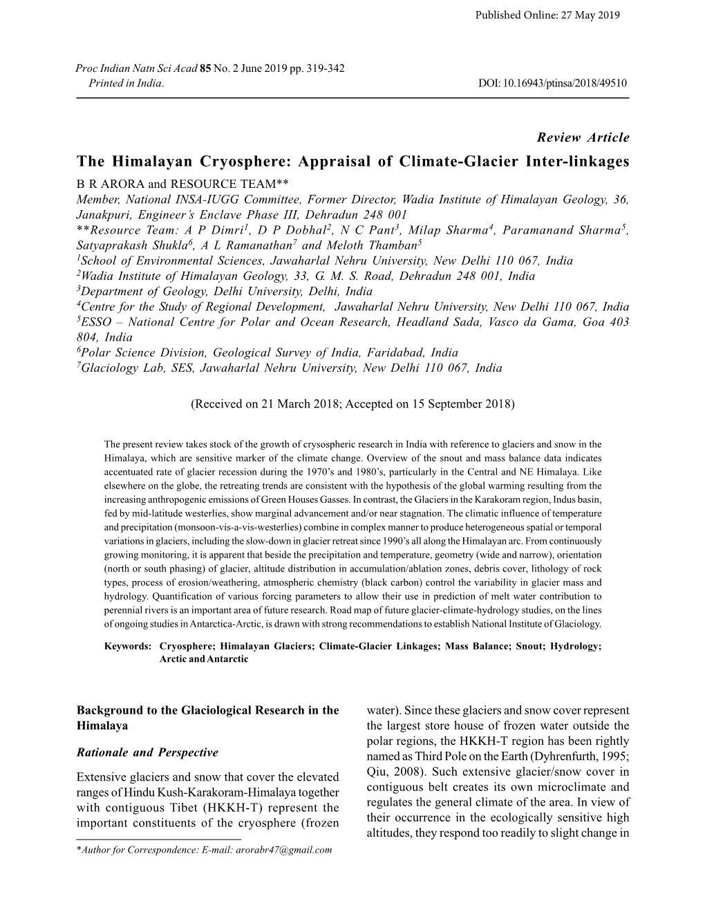 The Himalayan Cryosphere: Appraisal of Climate-Glacier Inter-Linkages