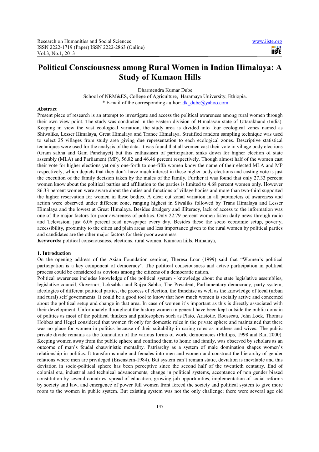 Political Consciousness Among Rural Women in Indian Himalaya: a Study of Kumaon Hills