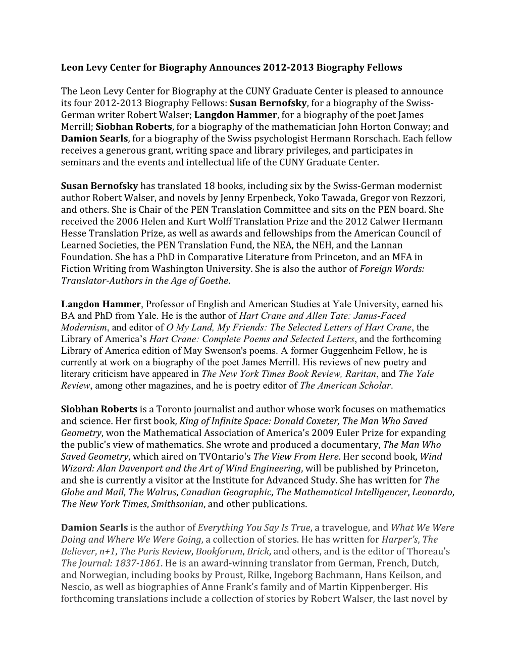 Fellowship Press Release 2012-2013