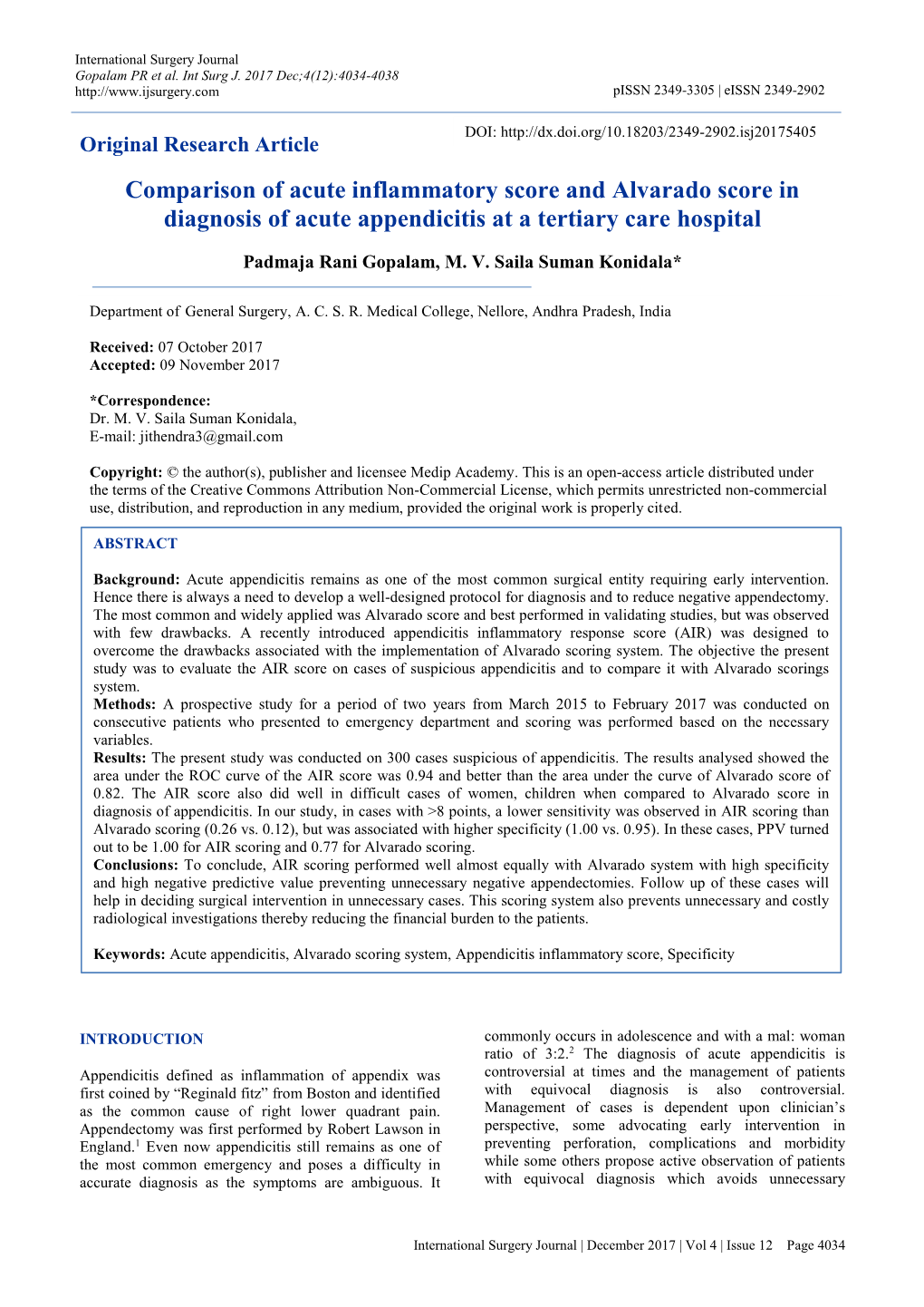 Comparison of Acute Inflammatory Score and Alvarado Score in Diagnosis of Acute Appendicitis at a Tertiary Care Hospital