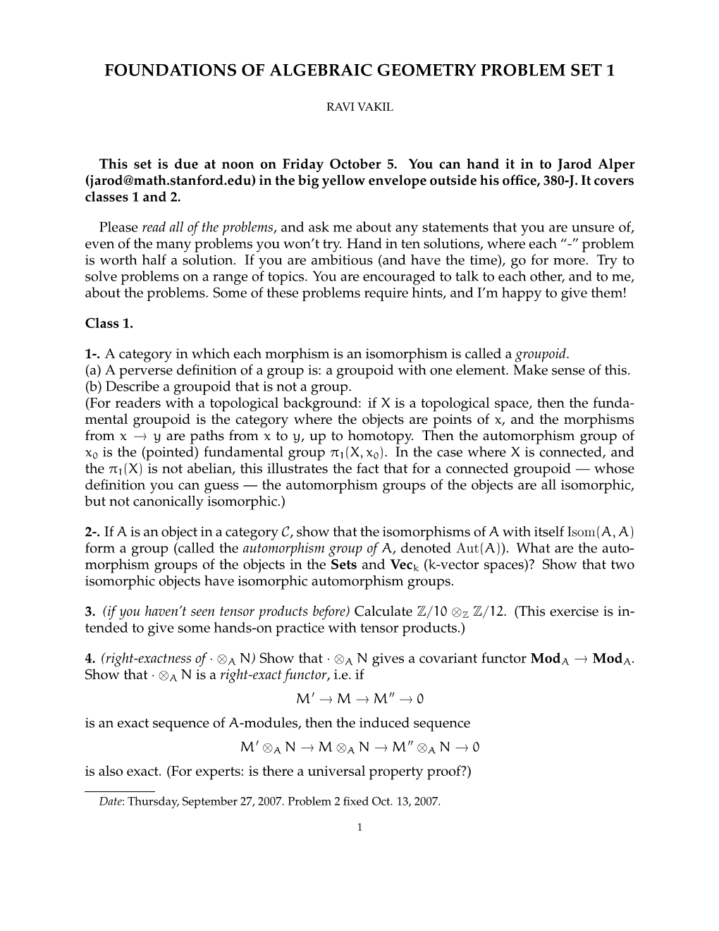 Foundations of Algebraic Geometry Problem Set 1