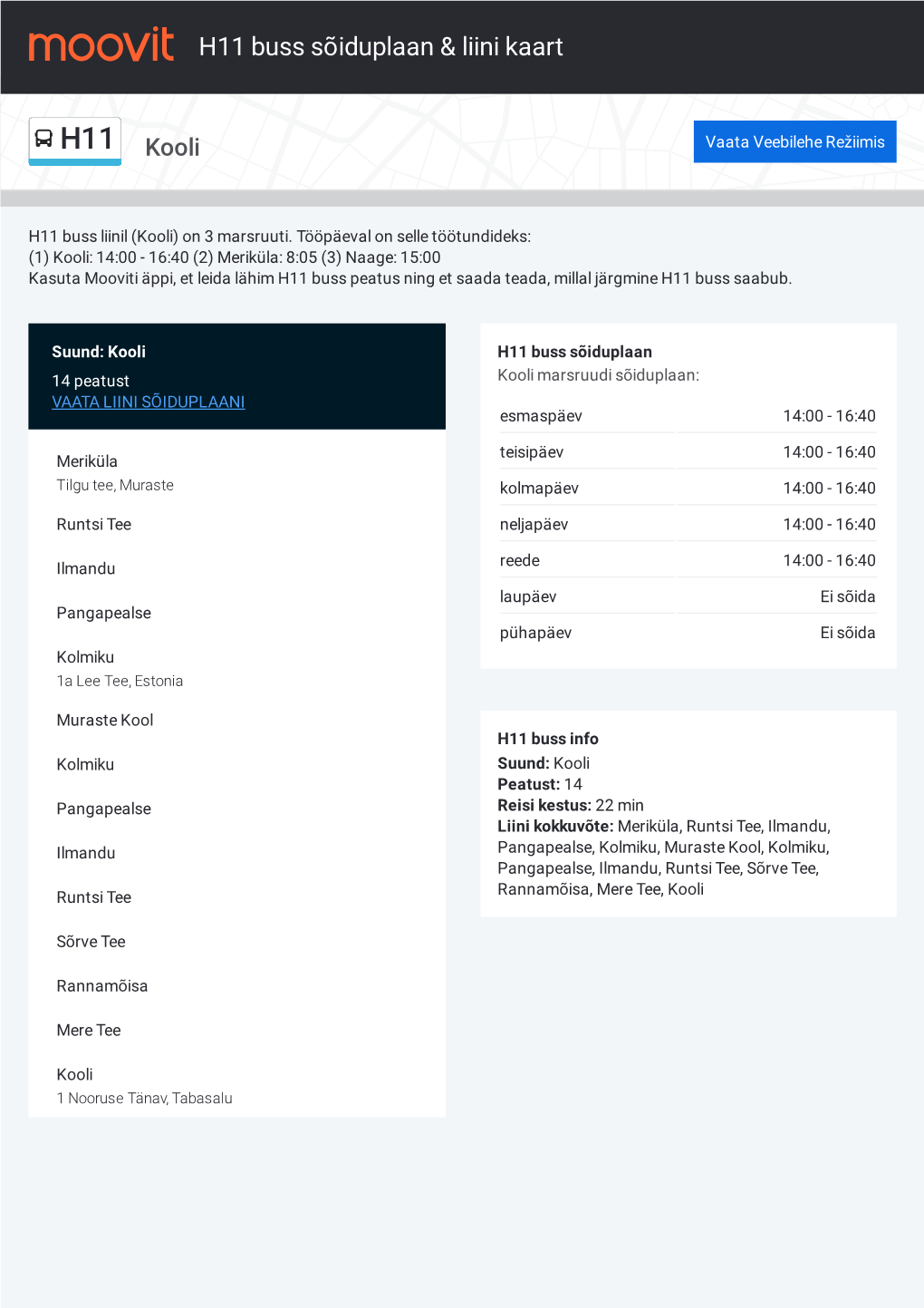 H11 Buss Sõiduplaan & Liini Marsruudi Kaart