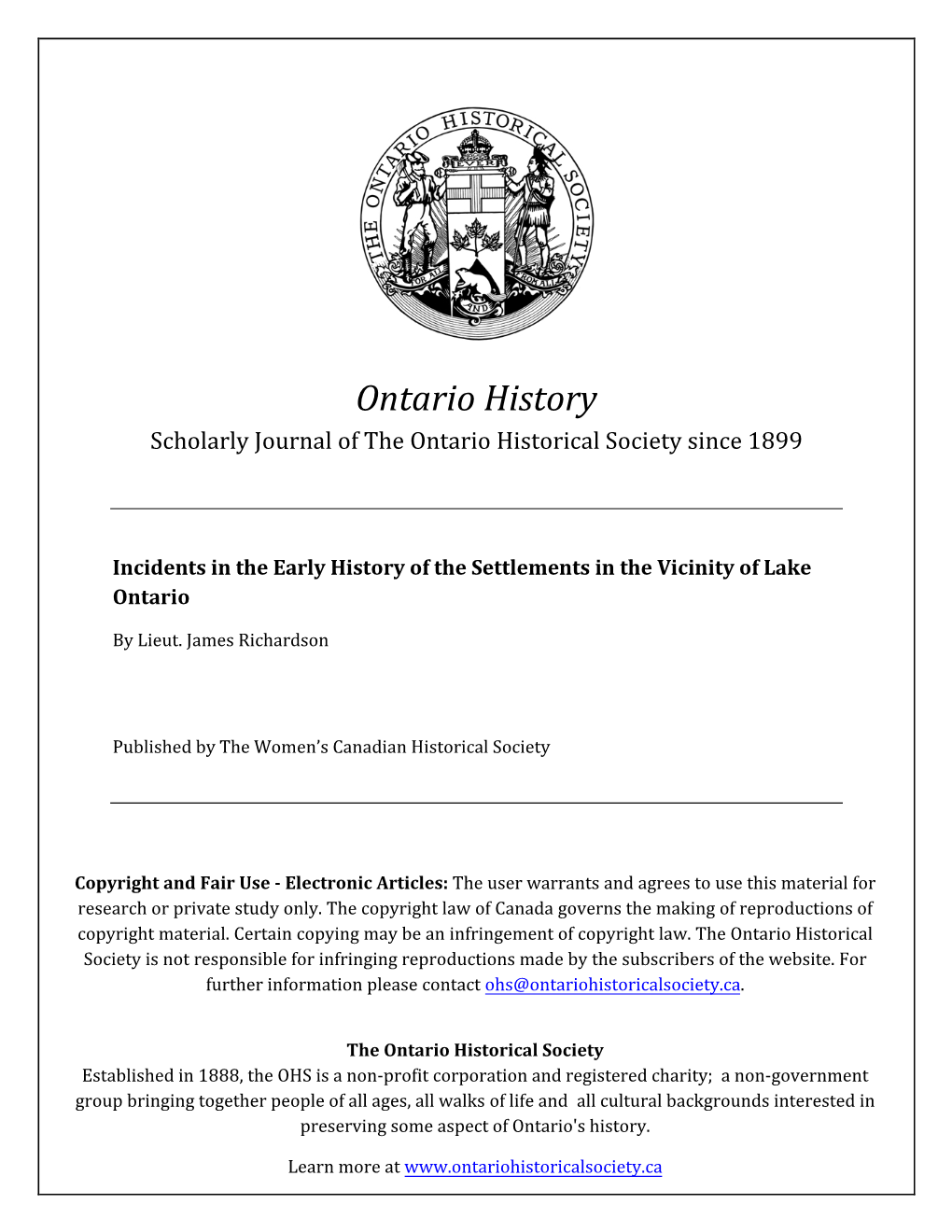 Ontario History Scholarly Journal of the Ontario Historical Society Since 1899