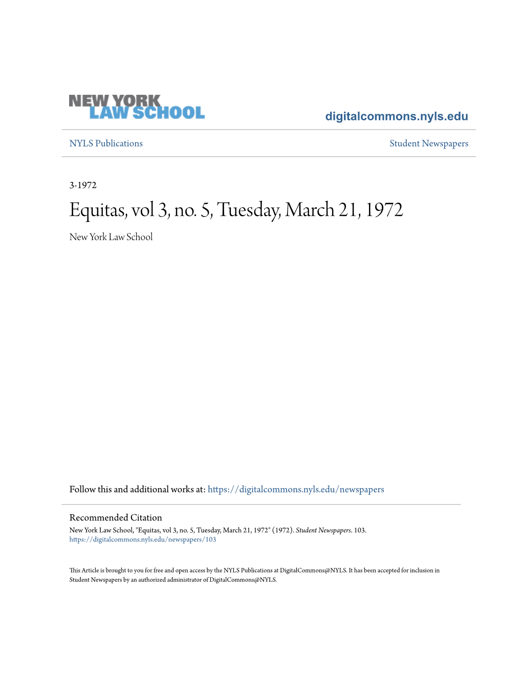 Equitas, Vol 3, No. 5, Tuesday, March 21, 1972 New York Law School