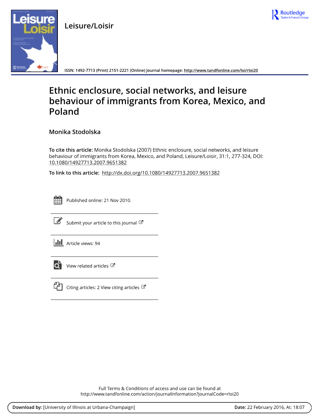 Ethnic Enclosure, Social Networks, and Leisure Behaviour of Immigrants from Korea, Mexico, and Poland