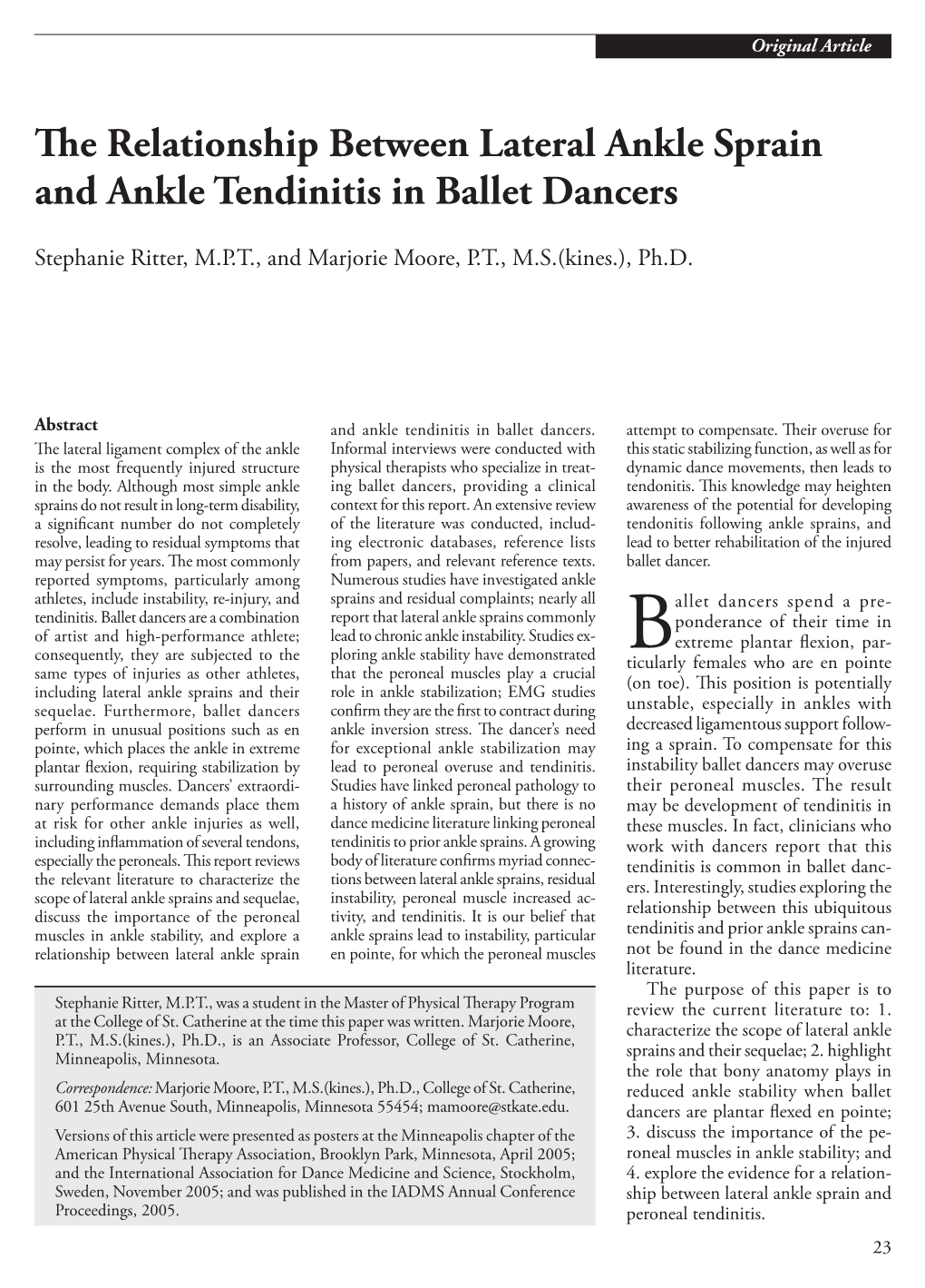 The Relationship Between Lateral Ankle Sprain and Ankle Tendinitis in Ballet Dancers