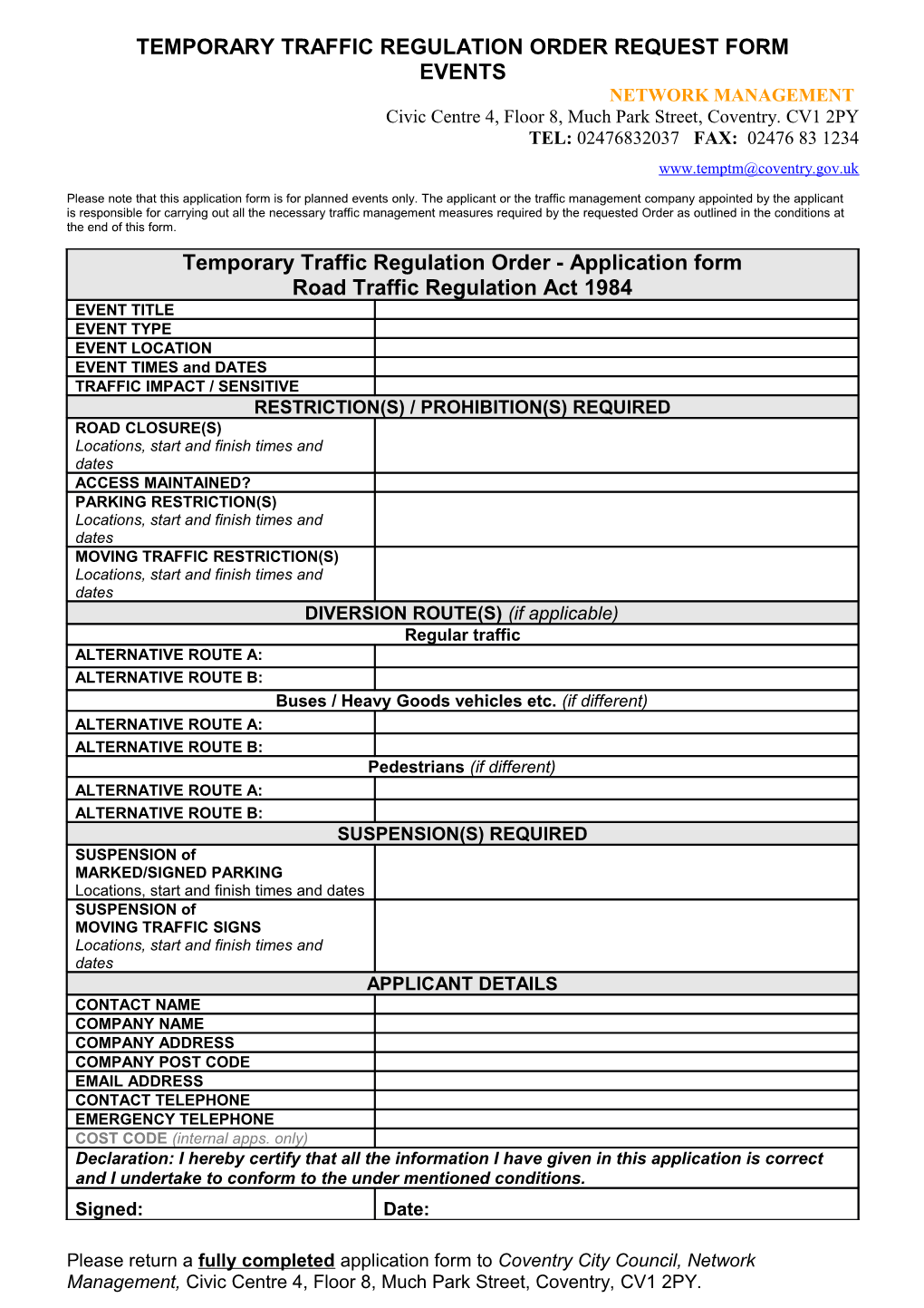 Temporary Traffic Regulation Order Request Form Events