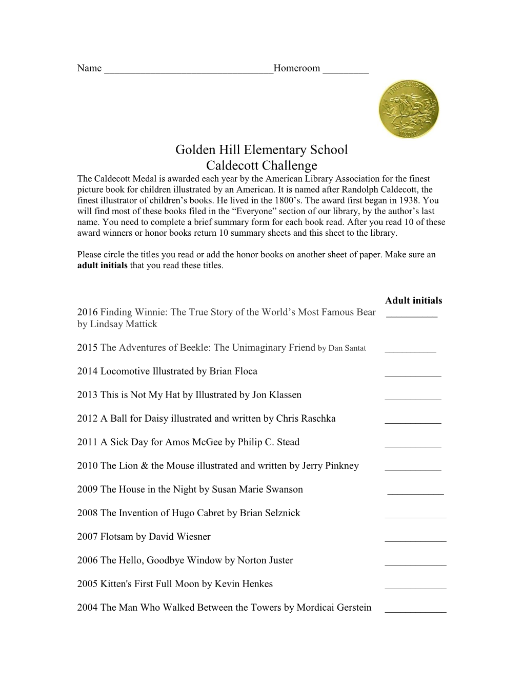 Golden Hill Elementary School Caldecott Challenge