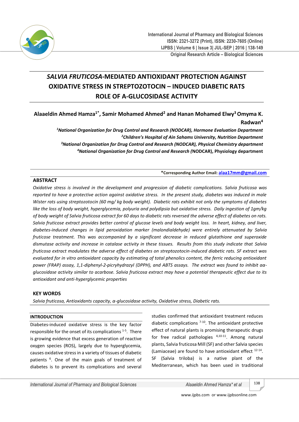 Salvia Fruticosa-Mediated Antioxidant Protection Against Oxidative Stress in Streptozotocin – Induced Diabetic Rats Role of Α-Glucosidase Activity