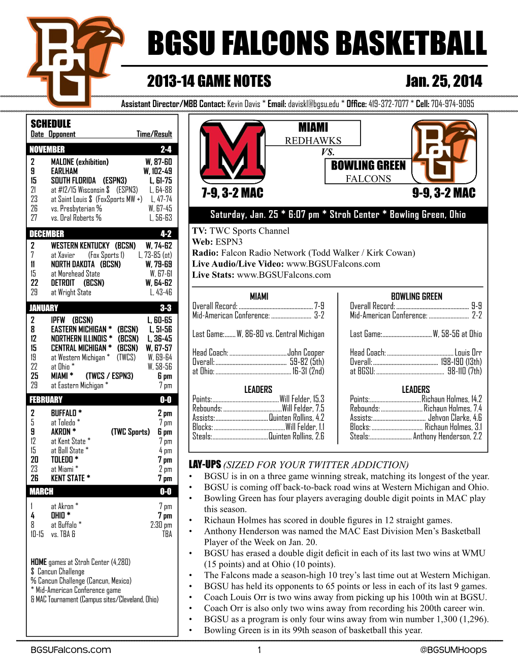 BGSU FALCONS BASKETBALL 2013-14 GAME NOTES Jan