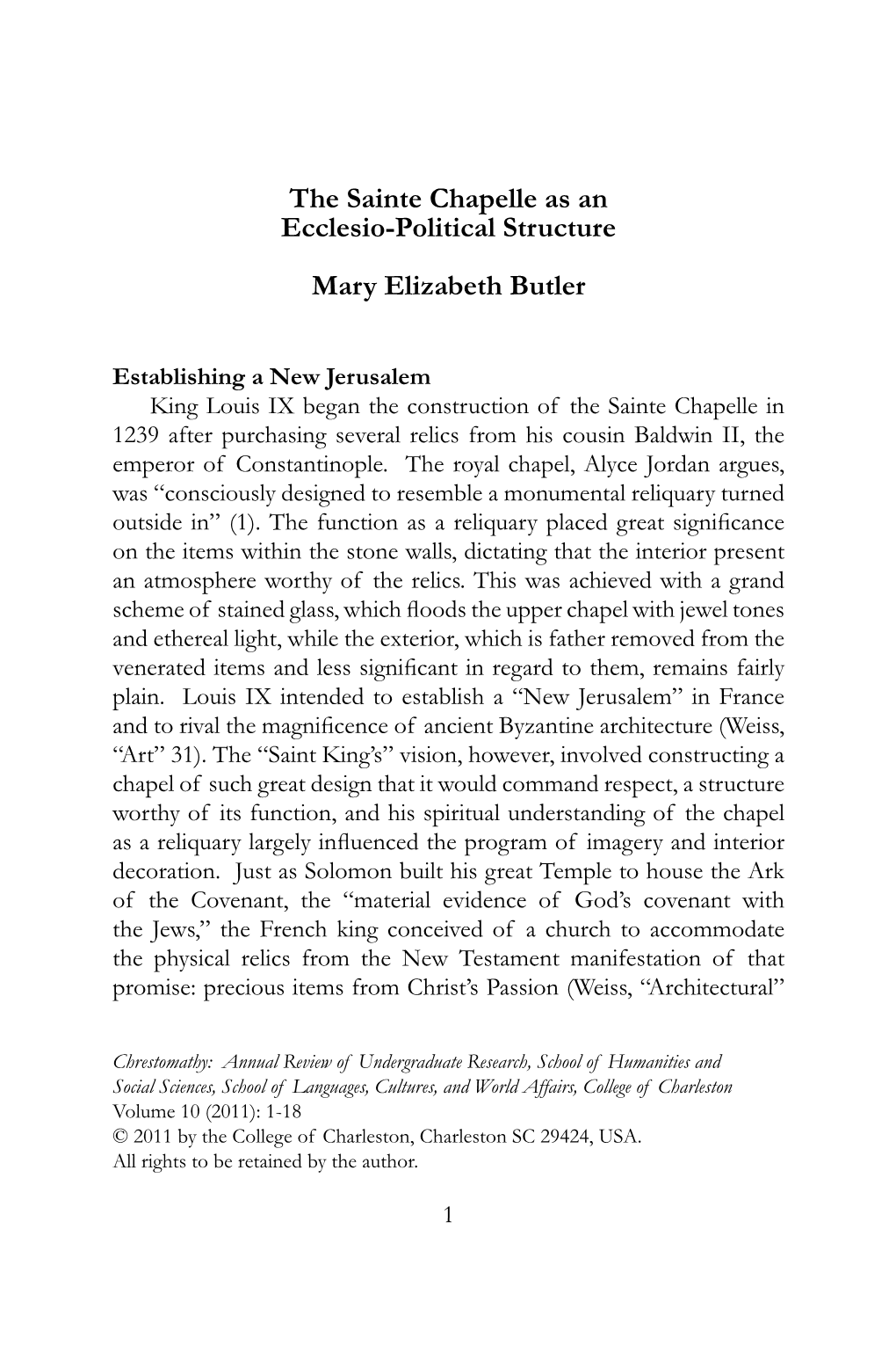 The Sainte Chapelle As an Ecclesio-Political Structure Mary Elizabeth Butler