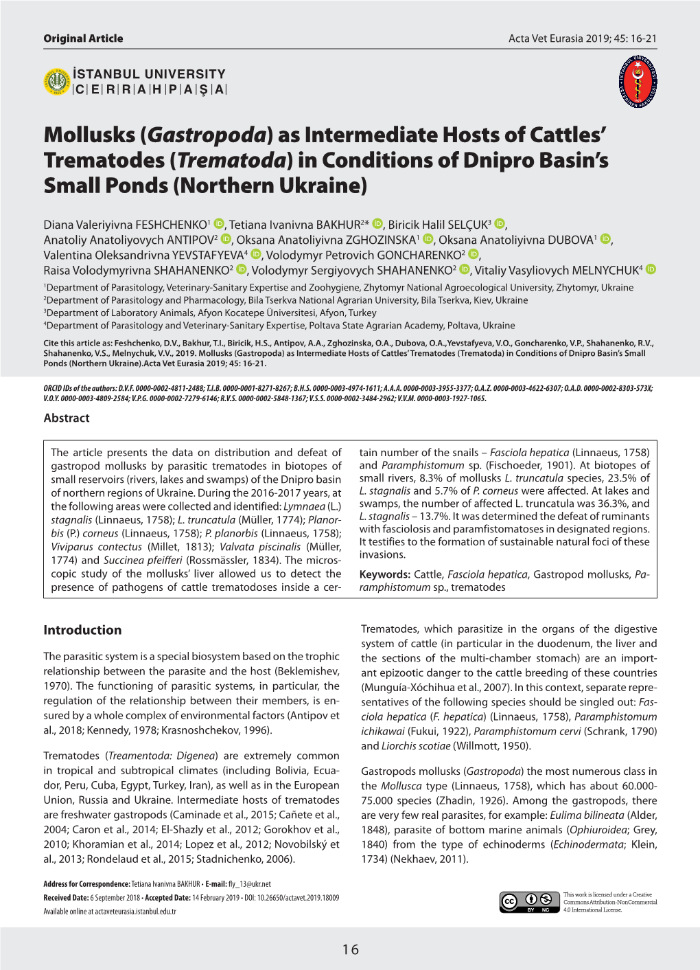 As Intermediate Hosts of Cattles' Trematodes (Trematoda)