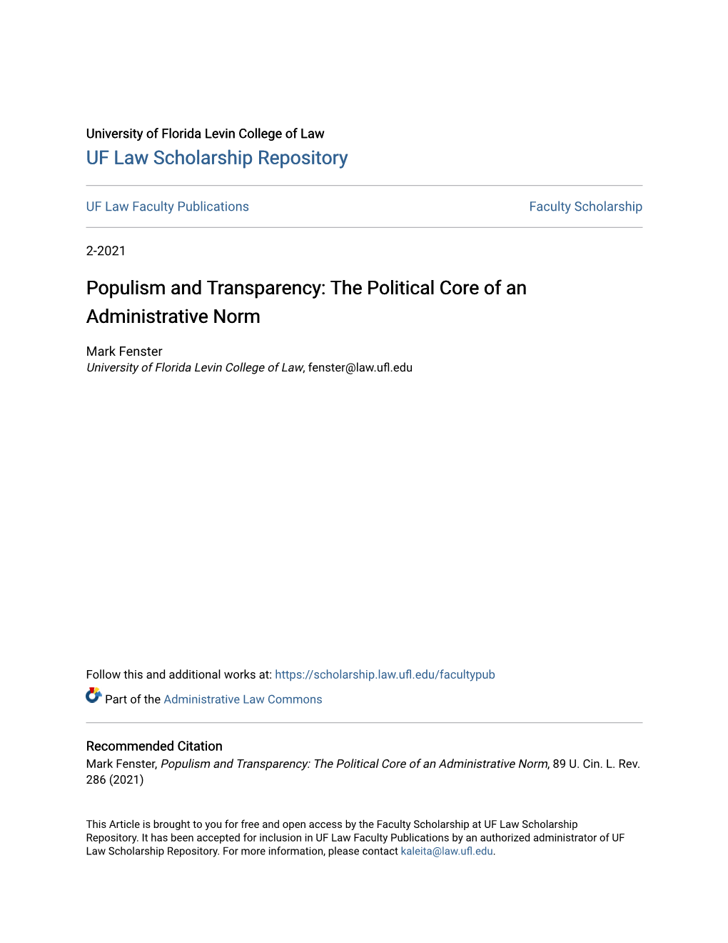 Populism and Transparency: the Political Core of an Administrative Norm