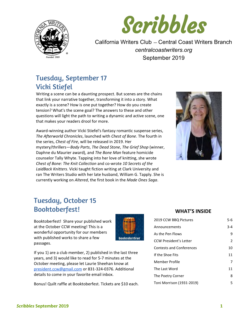 Scribbles California Writers Club — Central Coast Writers Branch ​ ​ Centralcoastwriters.Org September 2019
