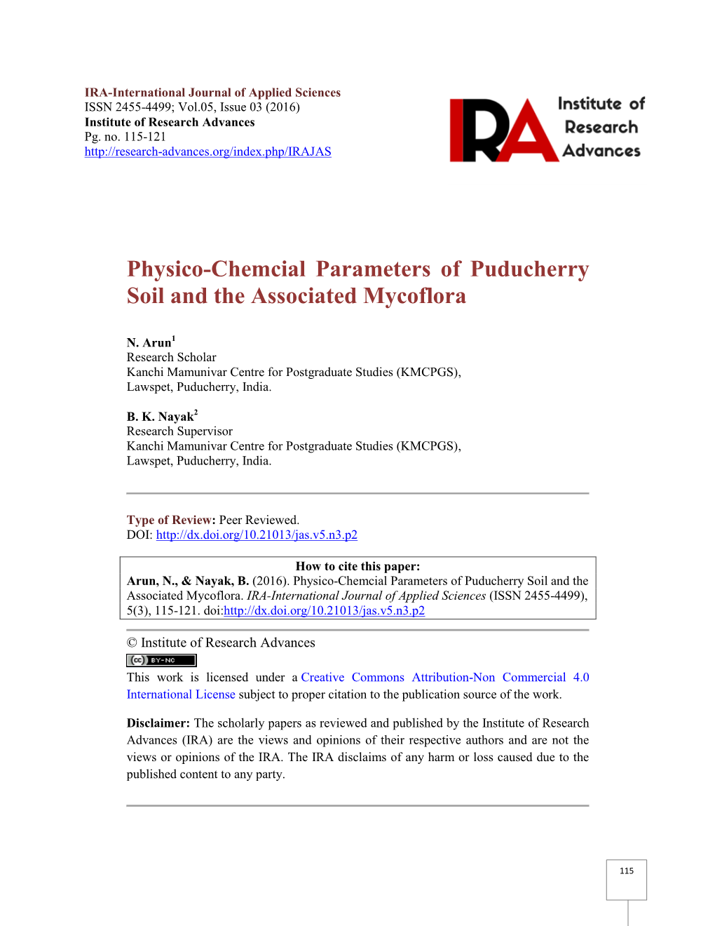 Physico-Chemcial Parameters of Puducherry Soil and the Associated Mycoflora