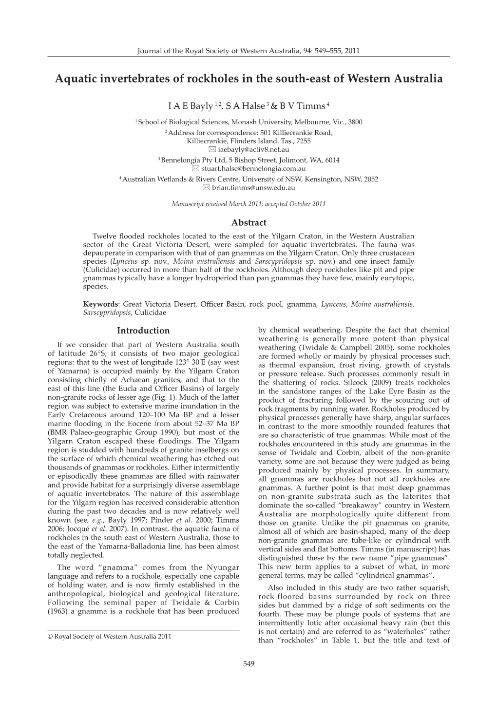 Aquatic Invertebrates of Rockholes in the South-East of Western Australia