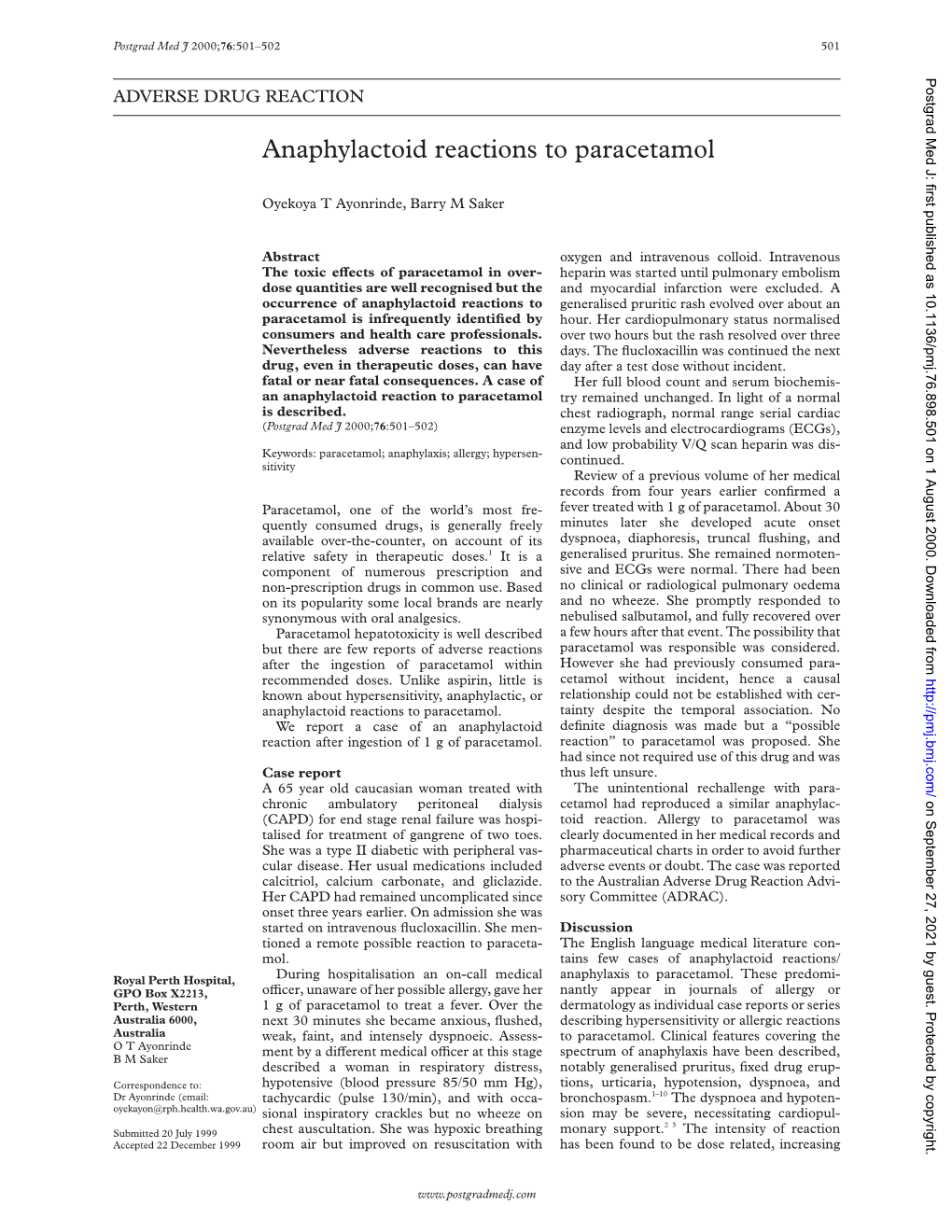 Anaphylactoid Reactions to Paracetamol