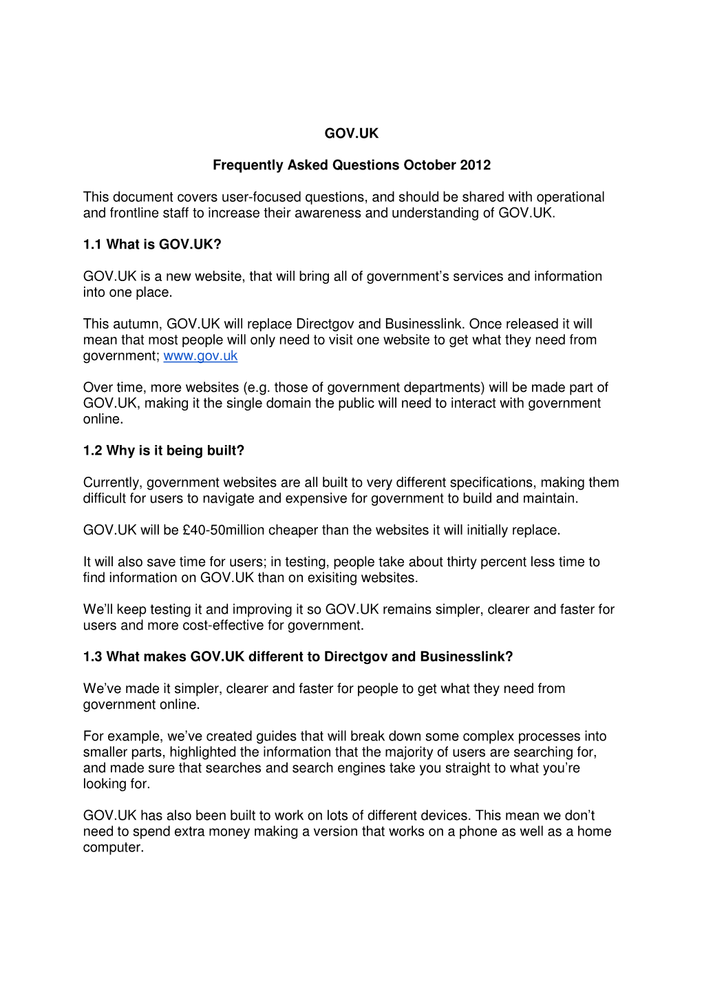 GOV.UK Frequently Asked Questions October 2012 This Document