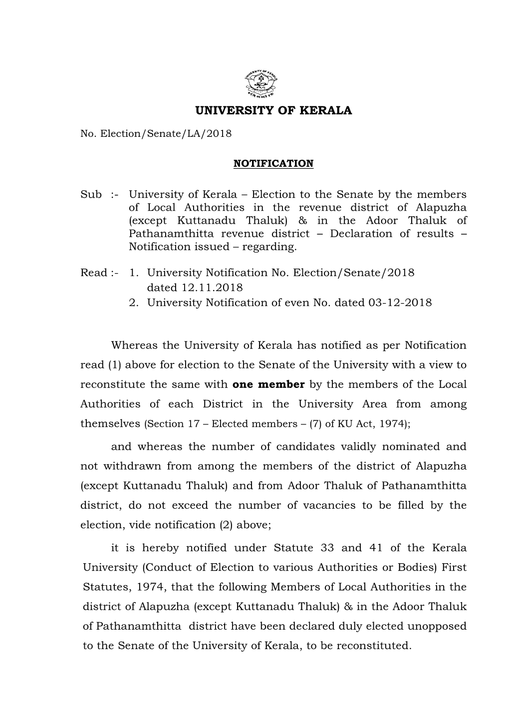 Revenue District of Alapuzha and Adoor Thaluk of Pathanamthitta