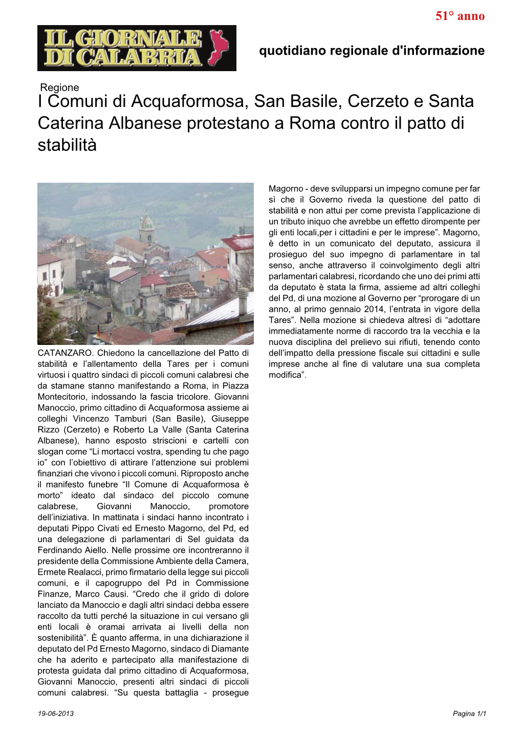 I Comuni Di Acquaformosa, San Basile, Cerzeto E Santa Caterina Albanese Protestano a Roma Contro Il Patto Di Stabilità