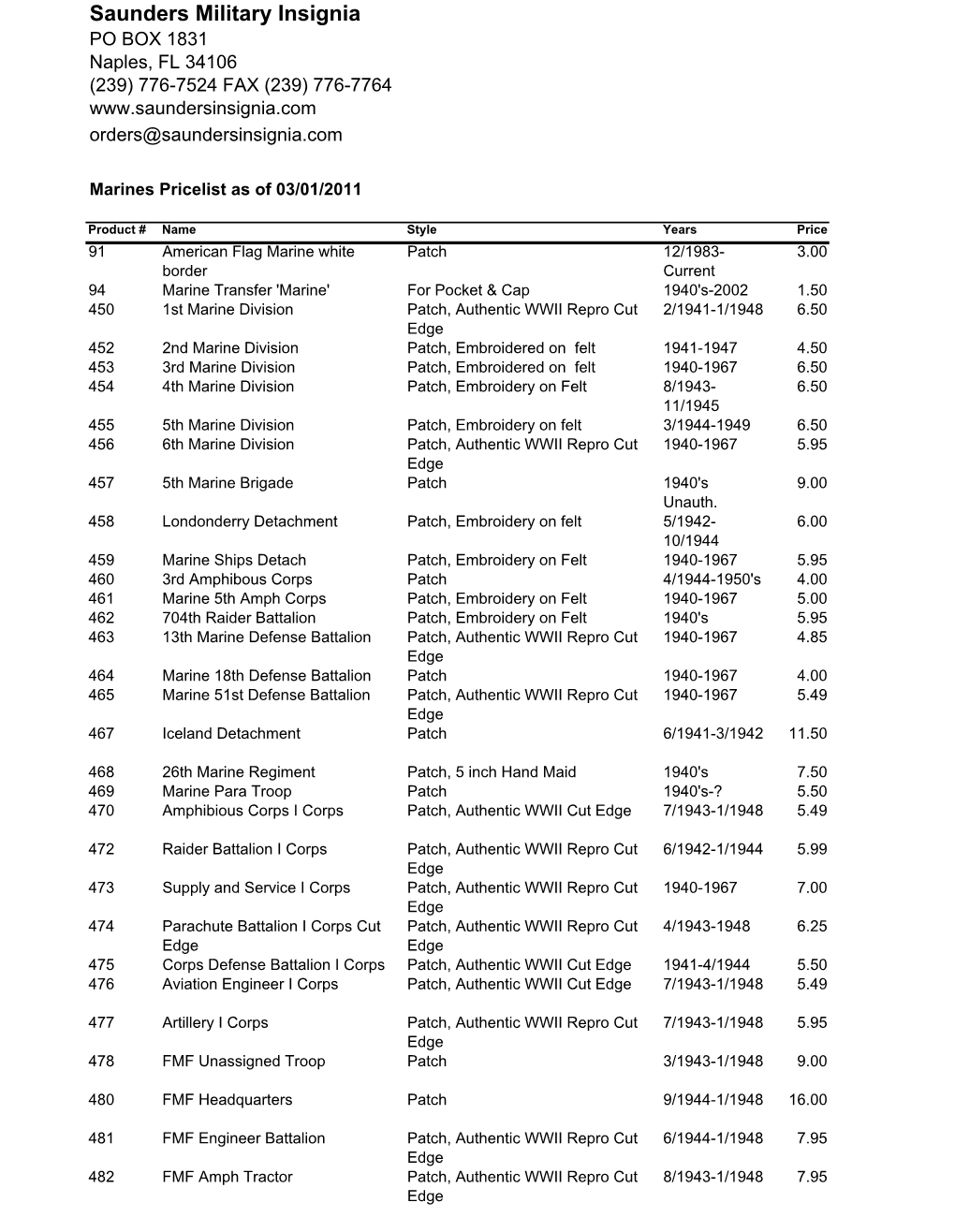 Marines Pricelist As of 03/01/2011