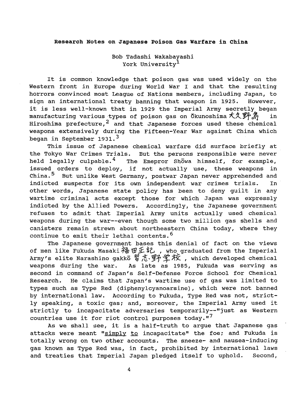 Bob Tadashi Wakabayashi York Universit Y1 It Is Common Knowledge That Poison Gas Was Used Widely on the Western Front in Europe