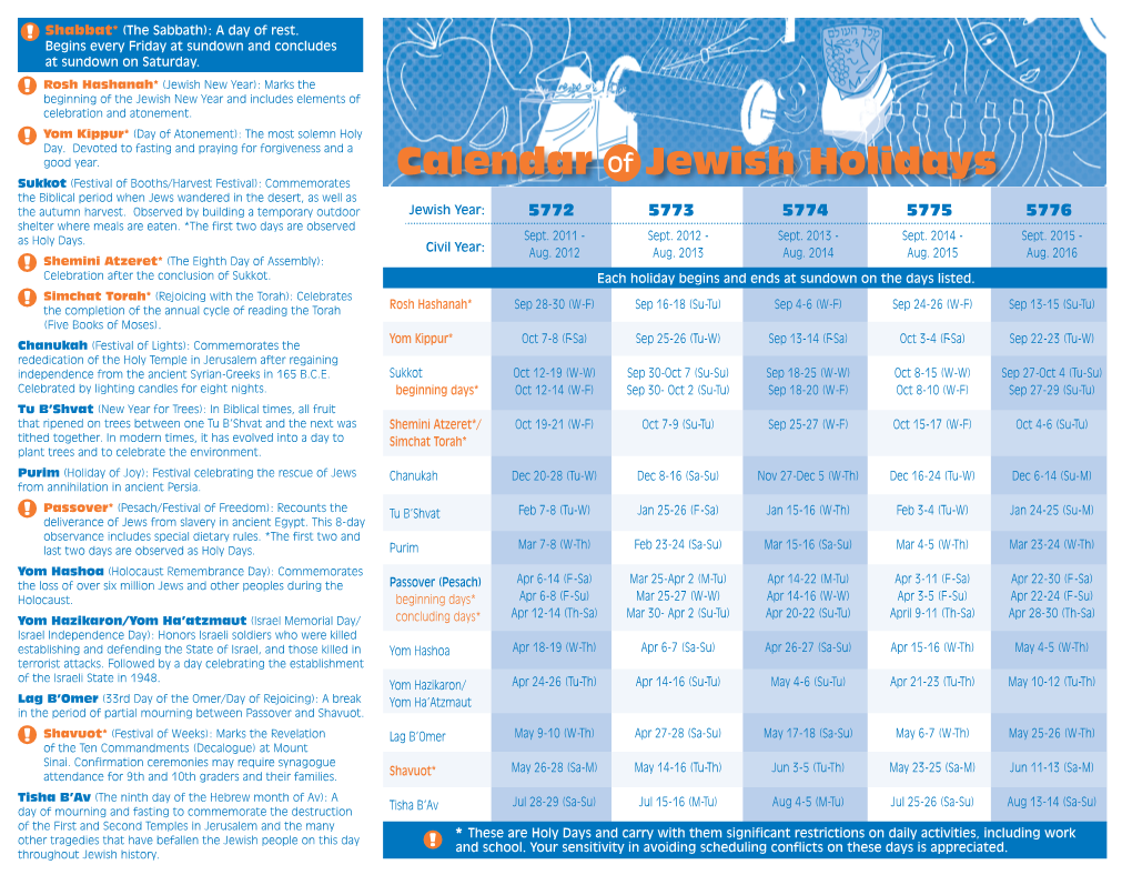 Calendar Jewish Holidays