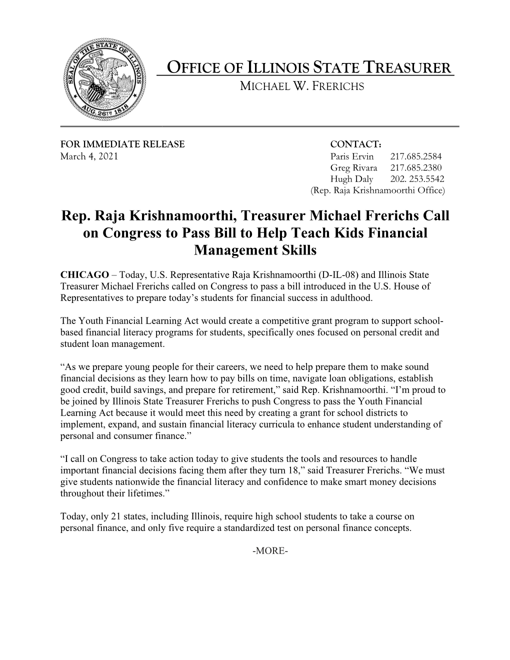 Rep. Raja Krishnamoorthi, Treasurer Michael Frerichs Call on Congress to Pass Bill to Help Teach Kids Financial Management Skills