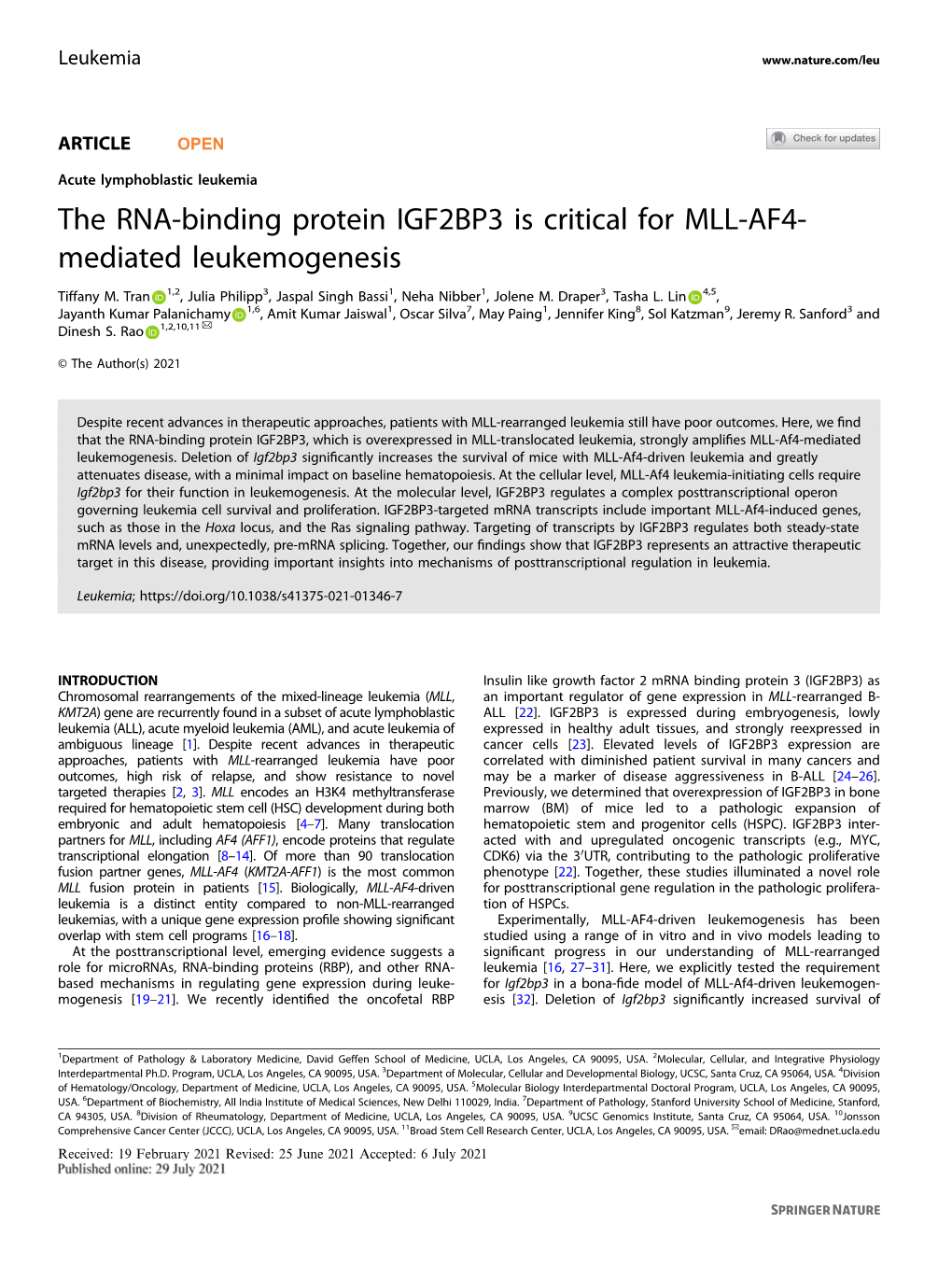 The RNA-Binding Protein IGF2BP3 Is Critical for MLL-AF4-Mediated Leukemogenesis