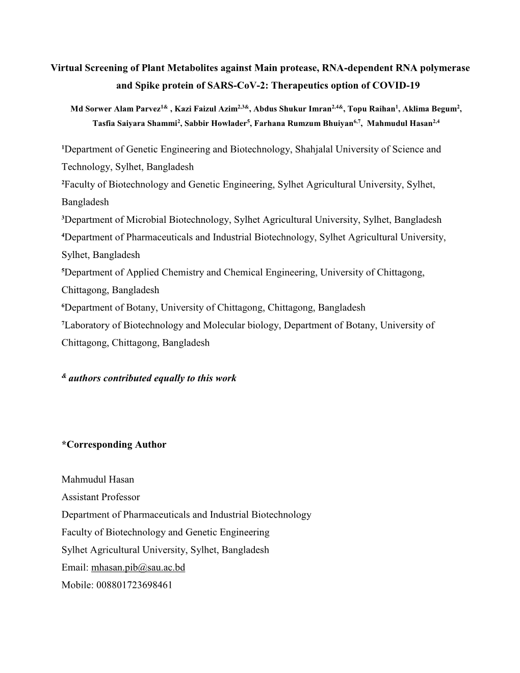 Virtual Screening of Plant Metabolites Against Main Protease, RNA-Dependent RNA Polymerase and Spike Protein of SARS-Cov-2: Therapeutics Option of COVID-19