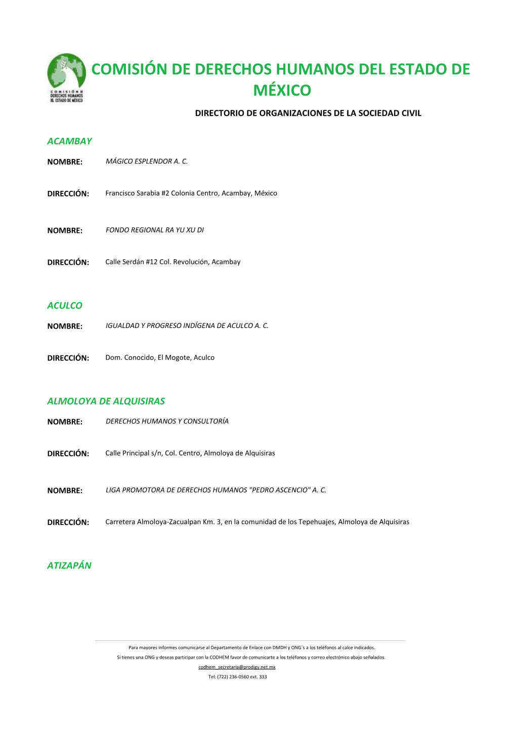 Comisión De Derechos Humanos Del Estado De México Directorio De Organizaciones De La Sociedad Civil