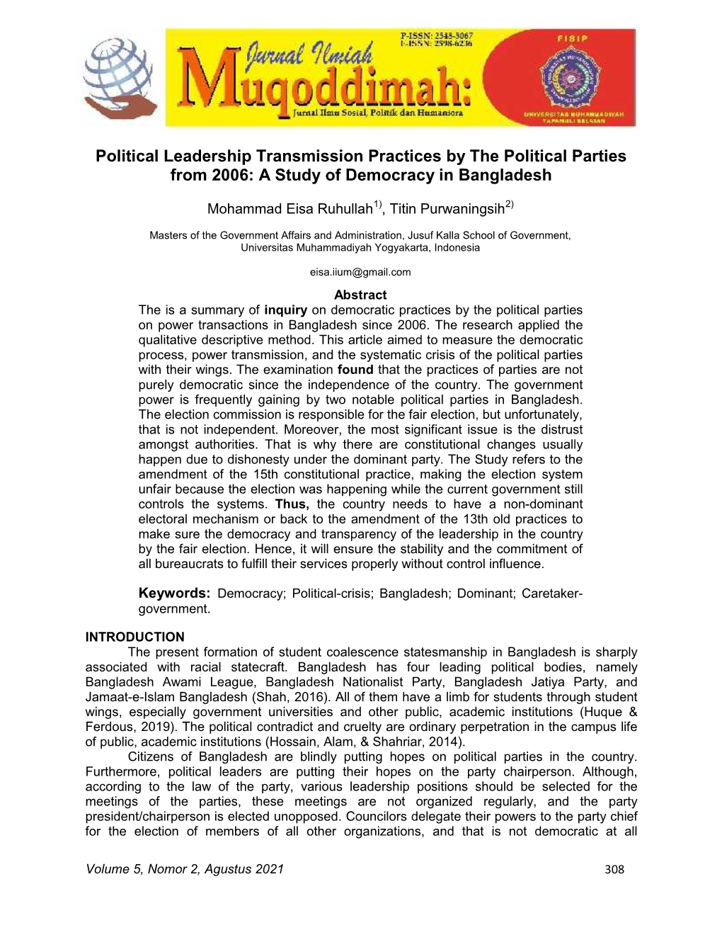 Political Leadership Transmission Practices by the Political Parties from 2006: a Study of Democracy in Bangladesh