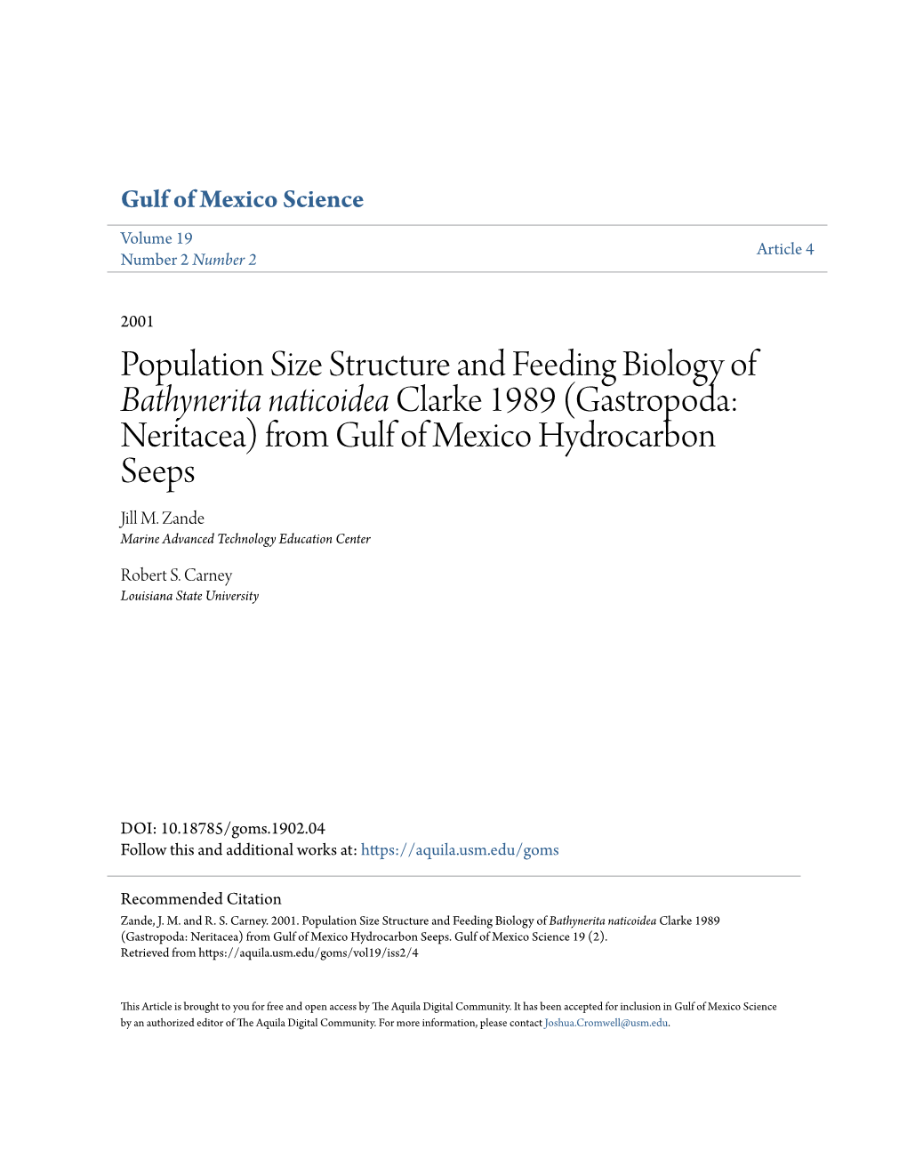 Population Size Structure and Feeding Biology of Bathynerita Naticoidea Clarke 1989 (Gastropoda: Neritacea) from Gulf of Mexico Hydrocarbon Seeps Jill M