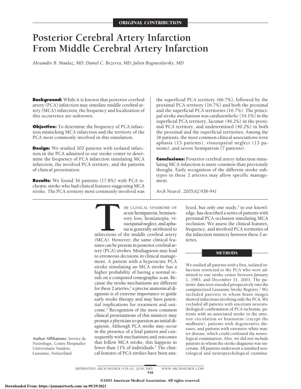 Posterior Cerebral Artery Infarction from Middle Cerebral Artery Infarction