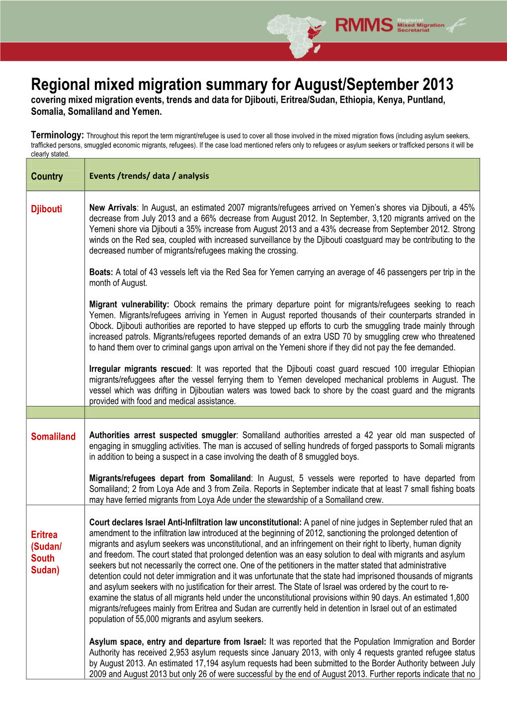 Regional Mixed Migration Summary for August/September 2013