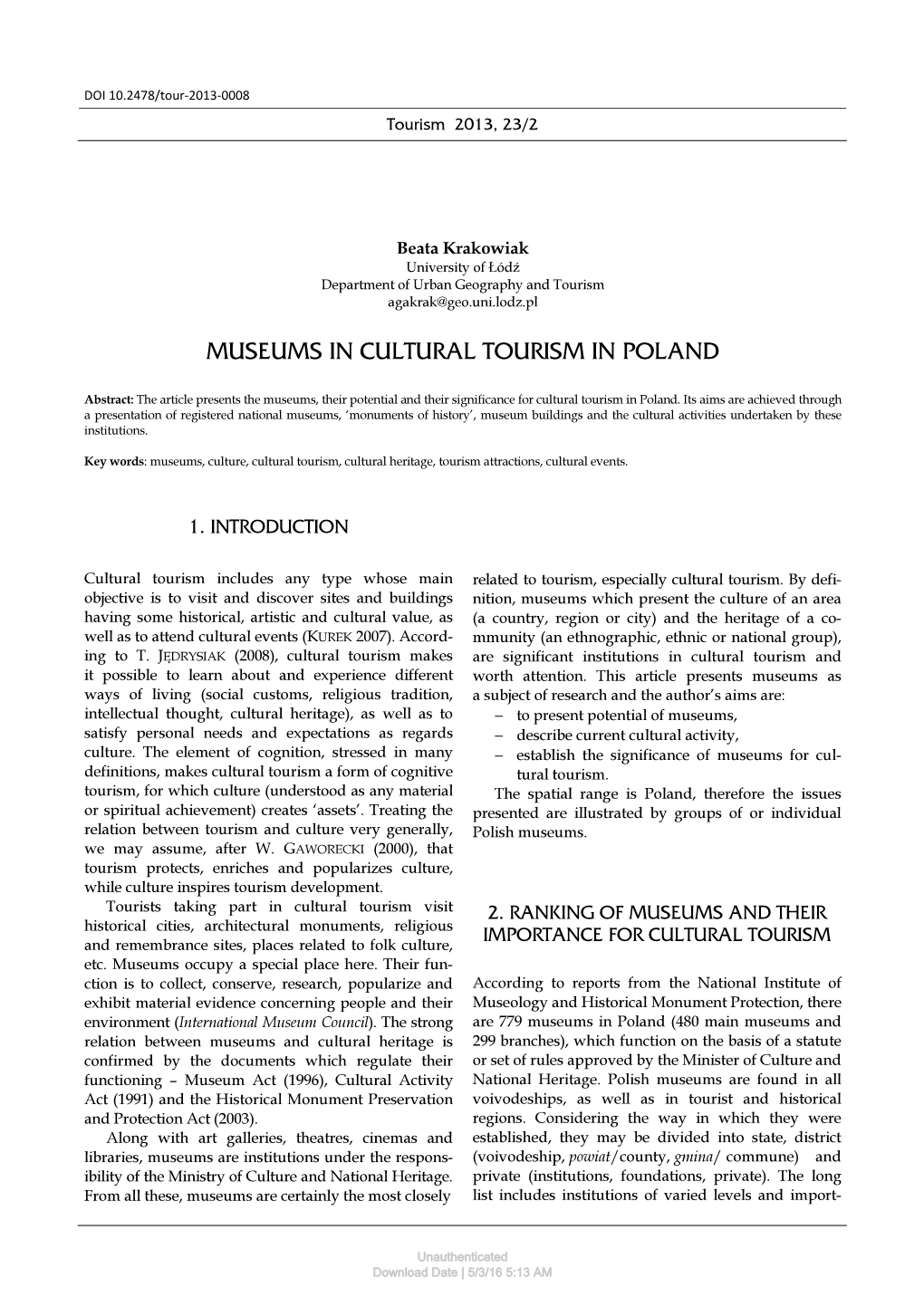 Museums in Cultural Tourism in Poland