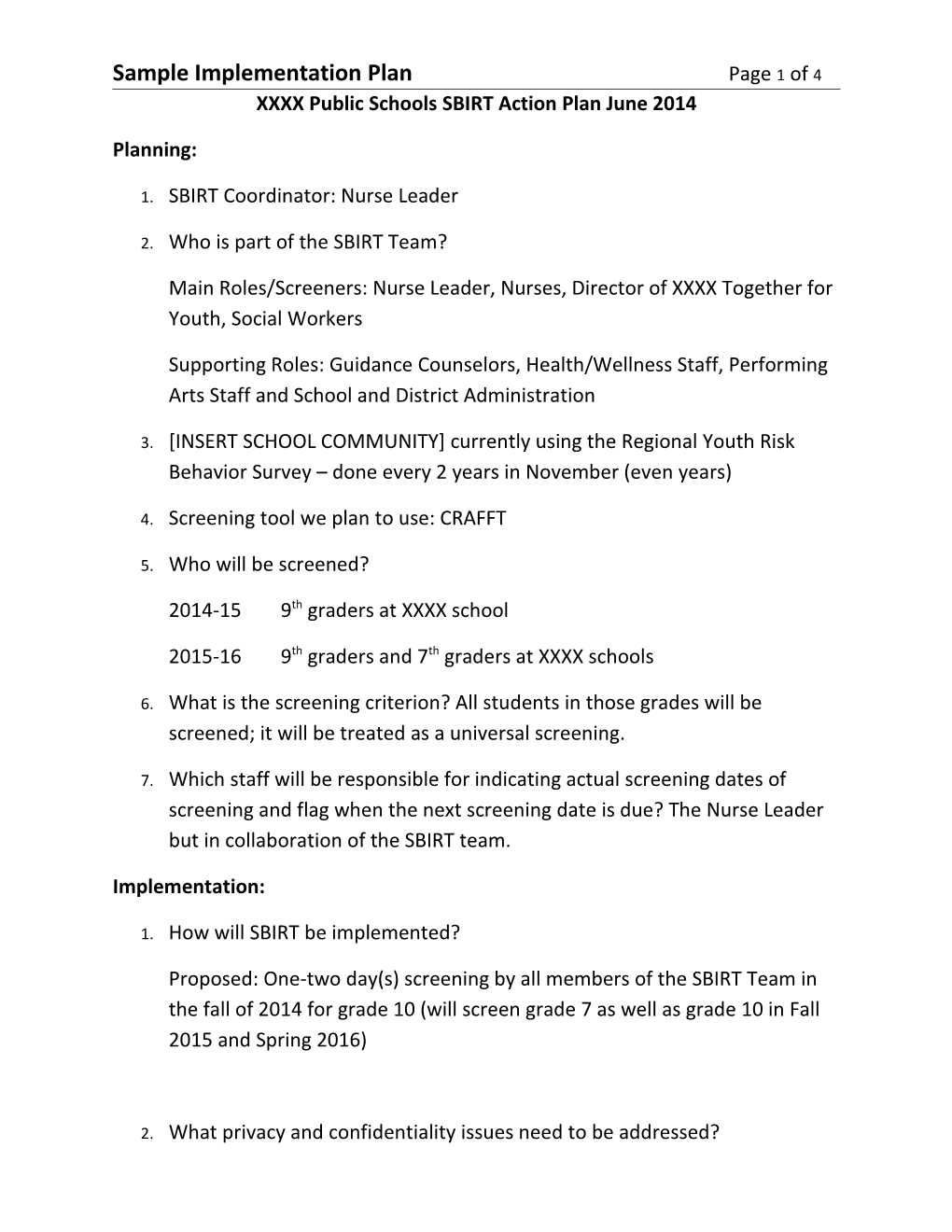 XXXX Public Schools SBIRT Action Plan June 2014