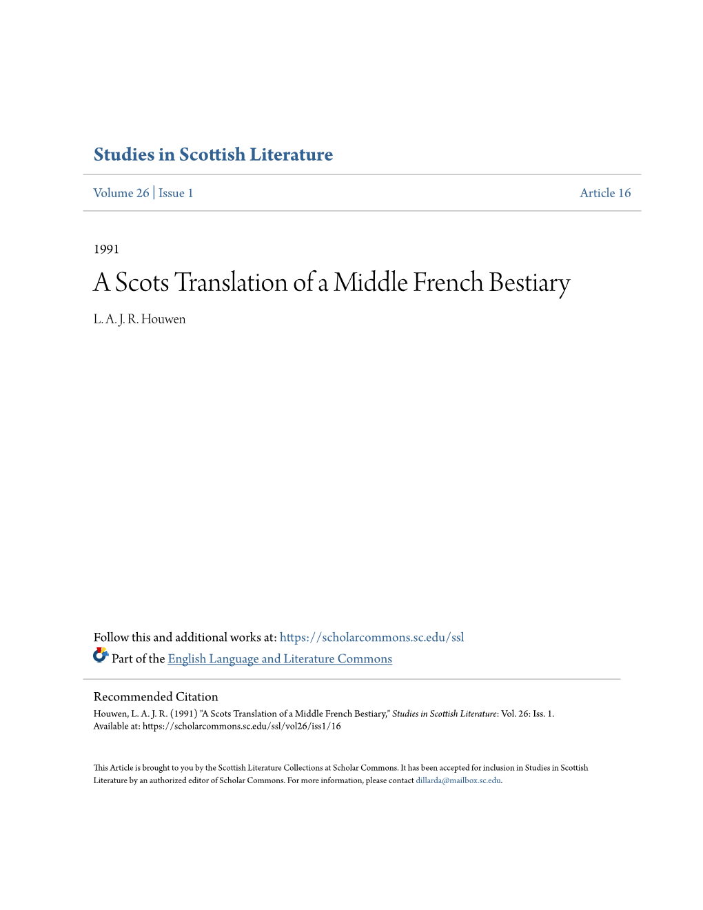 A Scots Translation of a Middle French Bestiary L