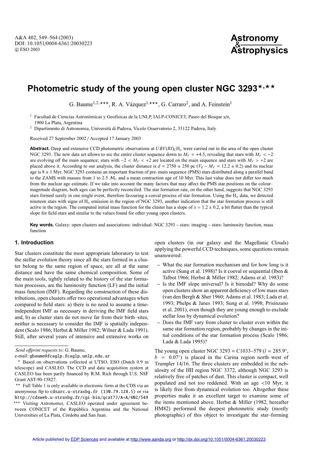 Photometric Study of the Young Open Cluster NGC 3293?,??