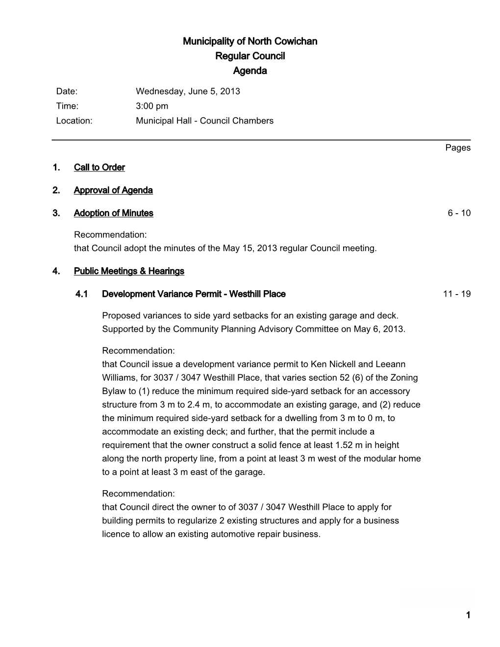 Municipality of North Cowichan Regular Council Agenda