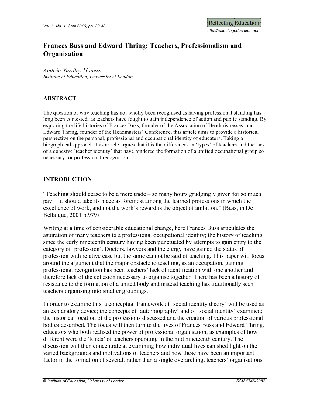 Frances Buss and Edward Thring: Teachers, Professionalism and Organisation