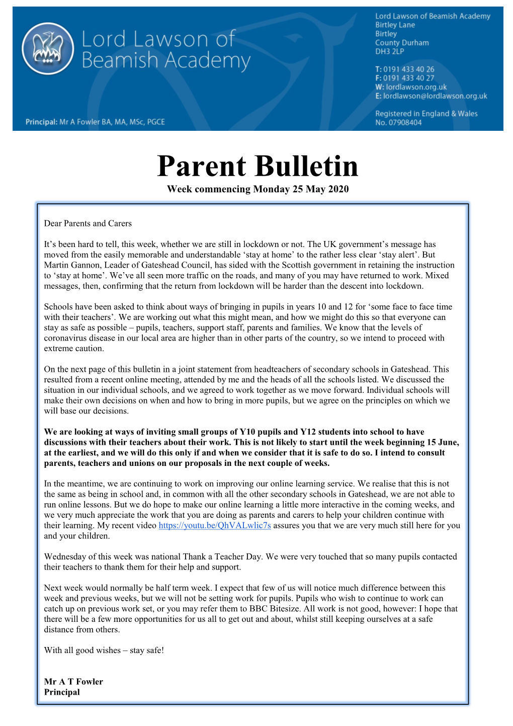 Parent Bulletin Week Commencing Monday 25 May 2020