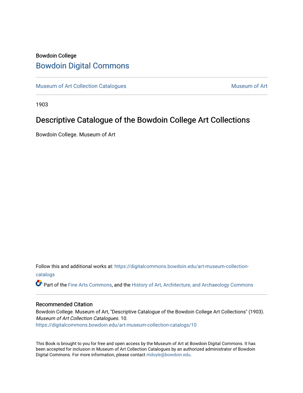 Descriptive Catalogue of the Bowdoin College Art Collections