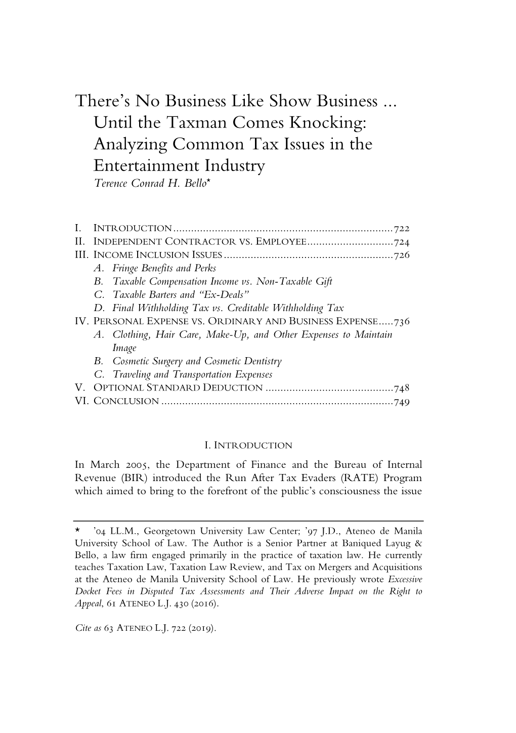 Analyzing Common Tax Issues in the Entertainment Industry Terence Conrad H